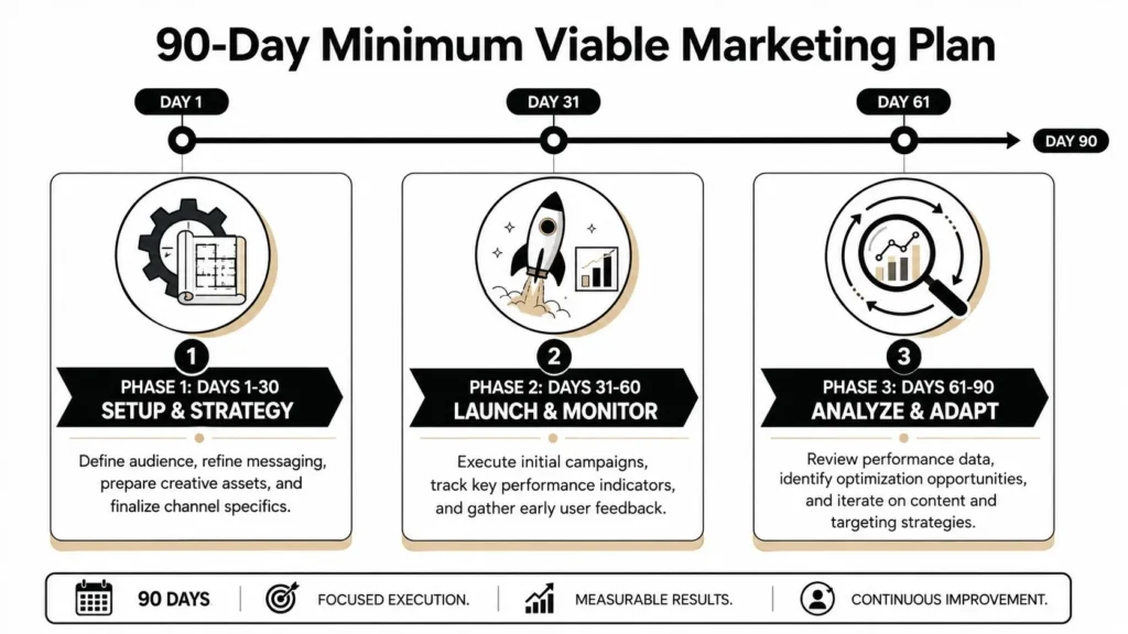 Digital Marketing for Startups: A 2026 Playbook Timeline infographic: 90-day marketing plan across 3 phases — setup & strategy, launch & monitor, analyze & adapt.