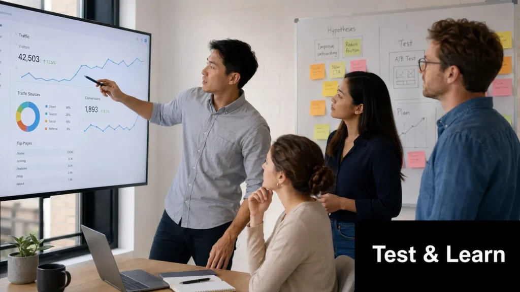 Digital Marketing for Startups: A 2026 Playbook Team reviewing website traffic analytics on a screen alongside a whiteboard with A/B test hypotheses.