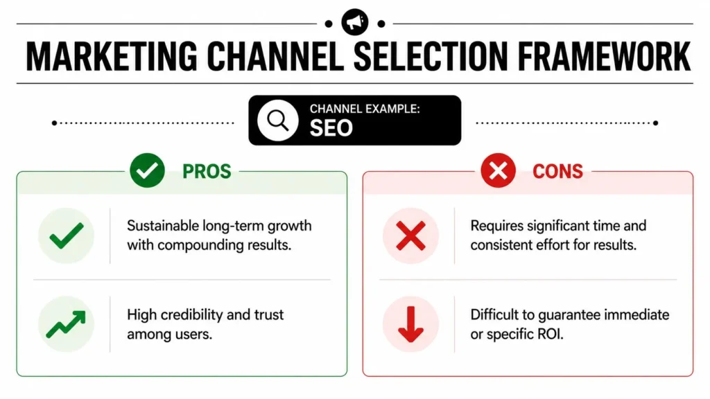 Digital Marketing for Startups: A 2026 Playbook Infographic: SEO channel pros and cons in a marketing channel selection framework — long-term growth vs. slow ROI.