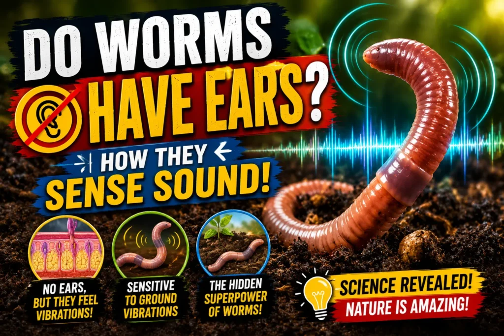 Earthworm sensing sound through ground vibrations, with colorful sound waves and graphics explaining how worms hear without ears.