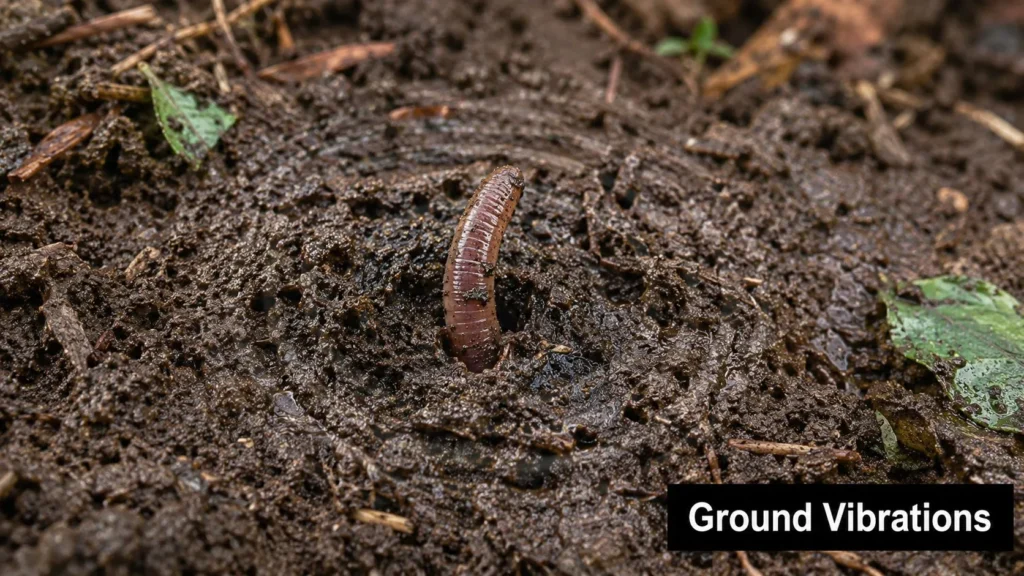 Earthworm emerging from a rippled hole in wet soil, illustrating how worms respond to ground vibrations.