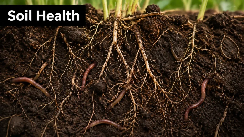 Cross-section of soil showing earthworms among plant roots, illustrating their role in soil health.