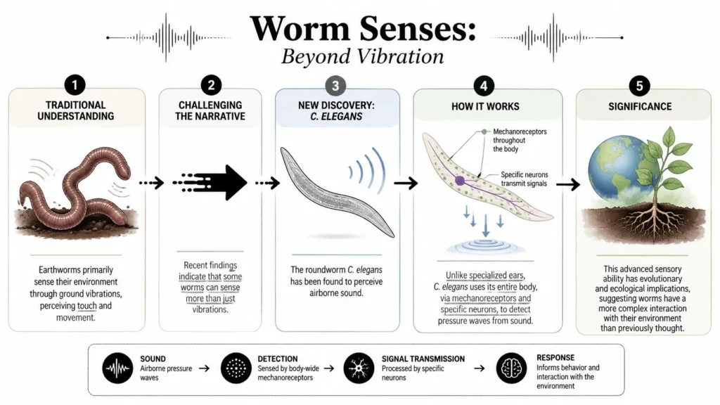Infographic: 'Worm Senses Beyond Vibration' explaining how C. elegans roundworms detect airborne sound via mechanoreceptors.