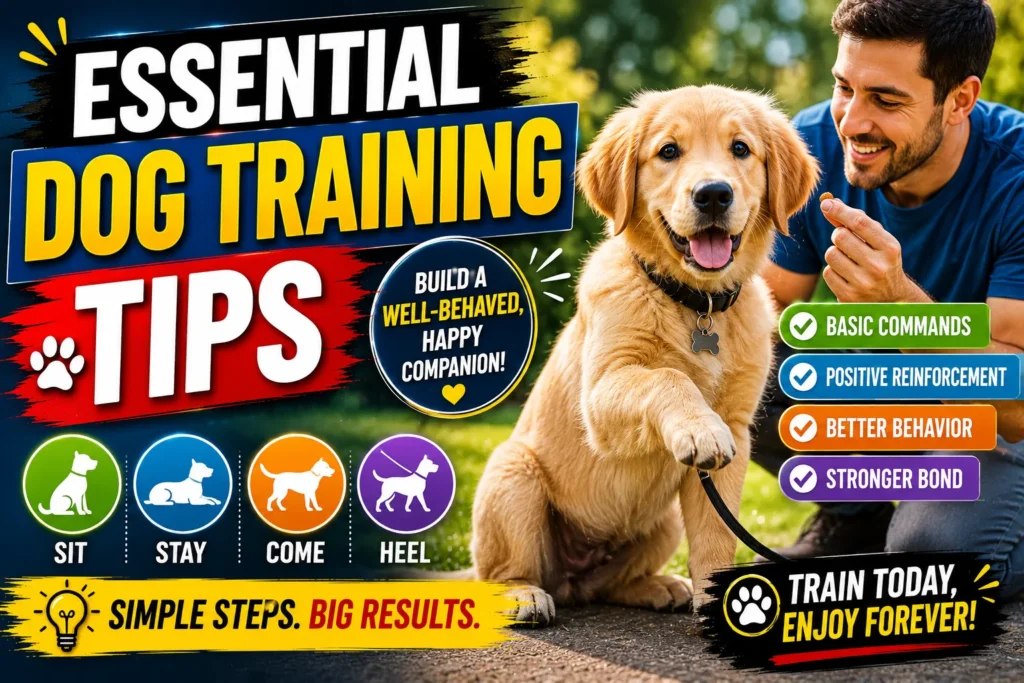 Essential dog training tips thumbnail featuring a puppy, trainer, and basic commands like sit, stay, come, and heel.