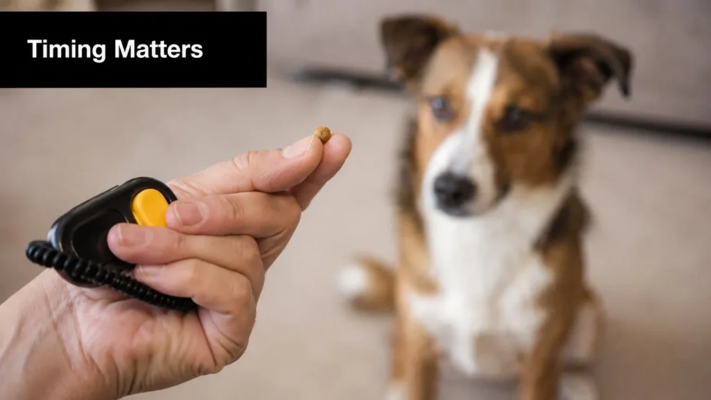 8 Essential Dog Training Tips for Beginners in 2026 Hand holding a clicker and treat while training an attentive dog in the background.