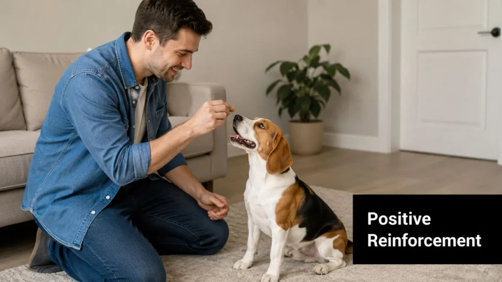 8 Essential Dog Training Tips for Beginners in 2026 Man kneeling to give a treat to a sitting Beagle during positive reinforcement training in a living room.