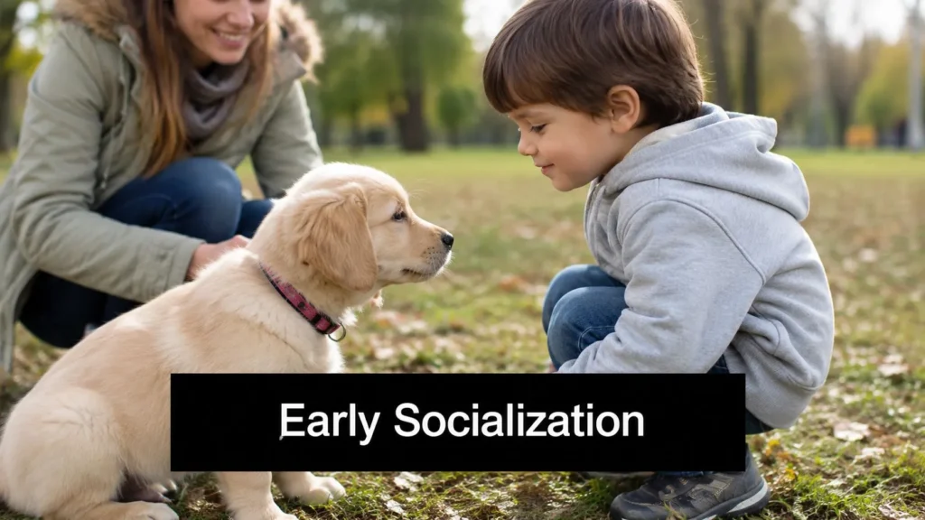 8 Essential Dog Training Tips for Beginners in 2026 A woman and young boy crouching to greet a Golden Retriever puppy in a park.