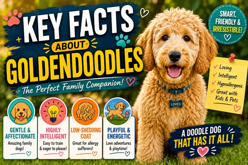 Key facts about Goldendoodles thumbnail featuring a happy Goldendoodle with colorful icons highlighting traits and family appeal.