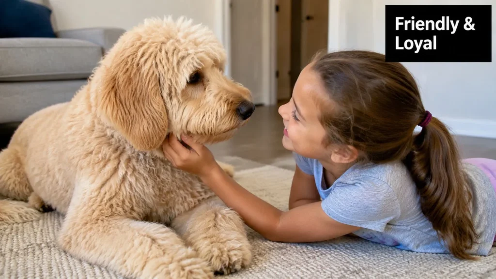 8 Key Facts About Goldendoodles You Must Know Girl lying on the floor face-to-face with a fluffy Goldendoodle, gently petting its cheek.