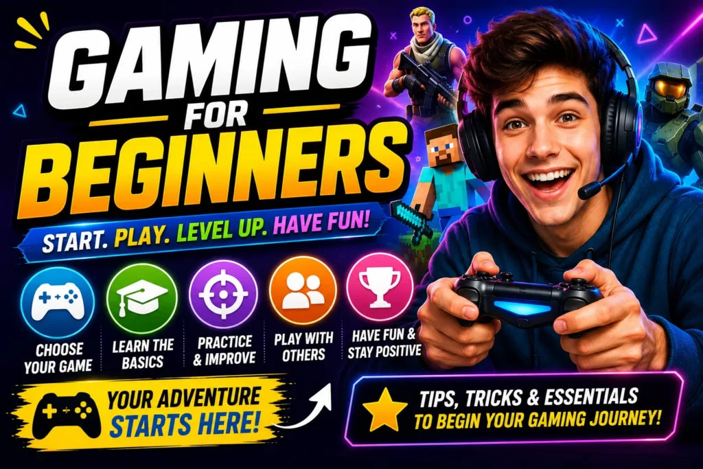 Gaming for beginners thumbnail featuring a gamer with controller, colorful game graphics, and tips for starting and improving skills.