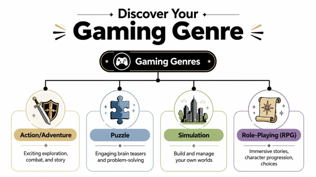 Infographic listing 4 gaming genres: action/adventure, puzzle, simulation, and role-playing (RPG), with icons.