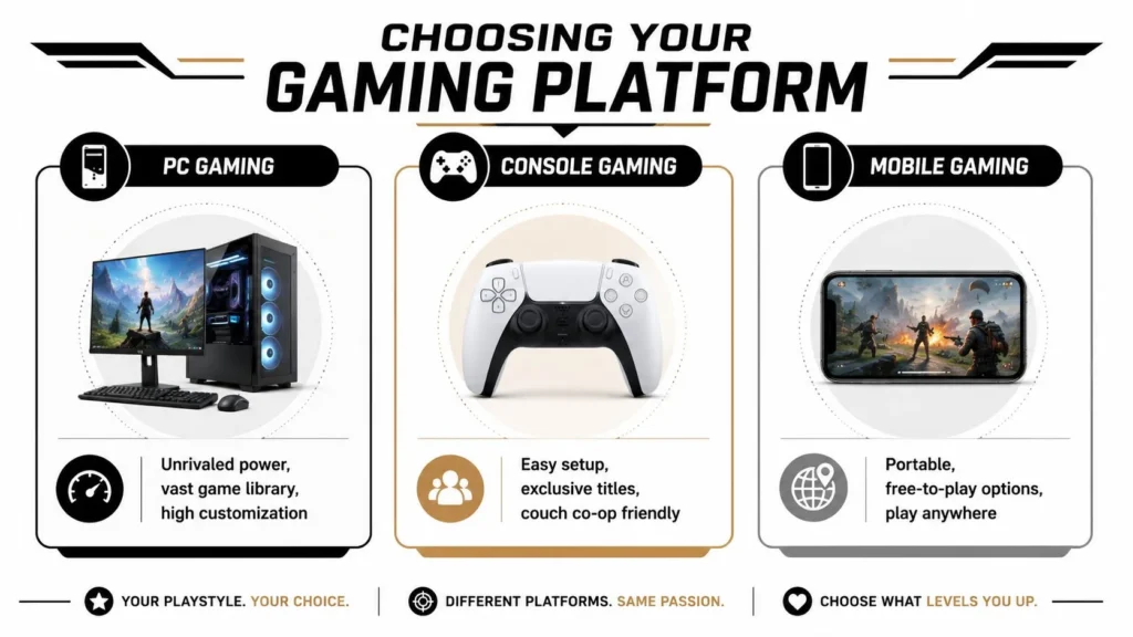 Infographic comparing gaming platforms: PC gaming, console gaming, and mobile gaming, with icons and key benefits.