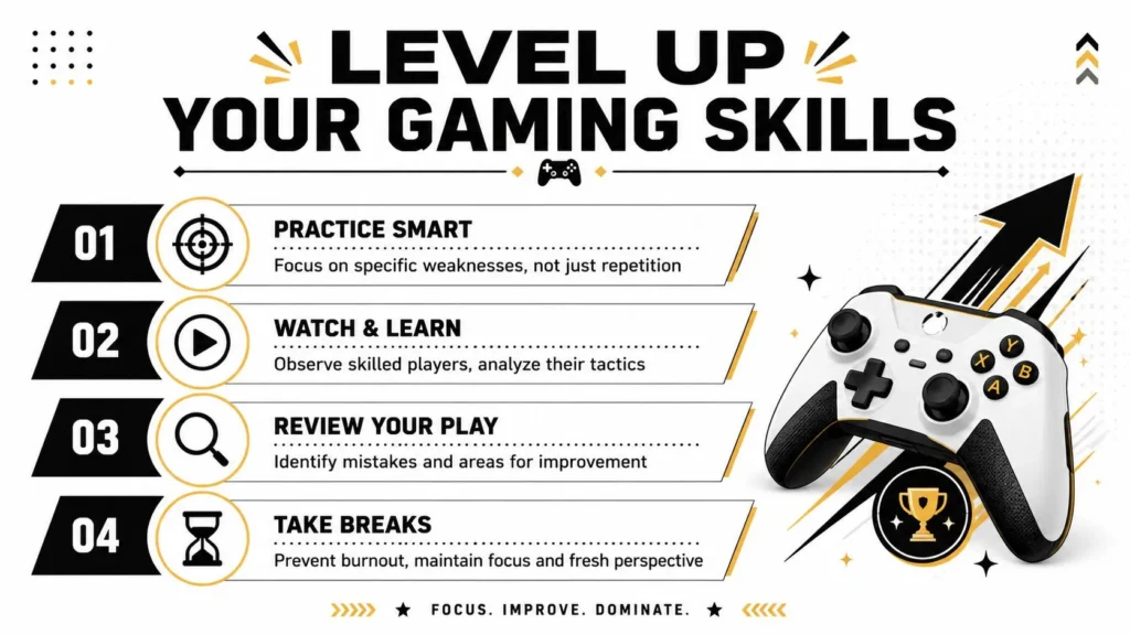 Infographic: 4 tips to level up gaming skills — practice smart, watch & learn, review play, take breaks.
