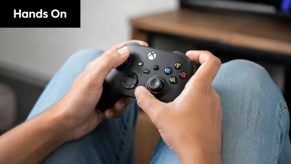 Close-up of hands gripping a black Xbox controller while seated on a couch.