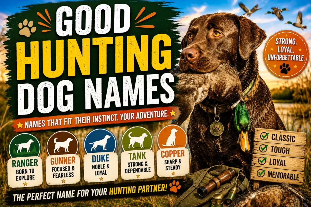 Good hunting dog names thumbnail featuring a retriever with a duck, hunting scenery, and colorful name ideas for loyal dogs.