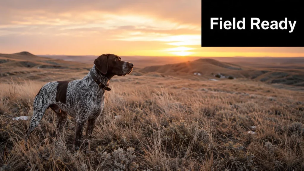 German Shorthaired Pointer standing alert in grassy prairie at sunset, scanning the horizon.