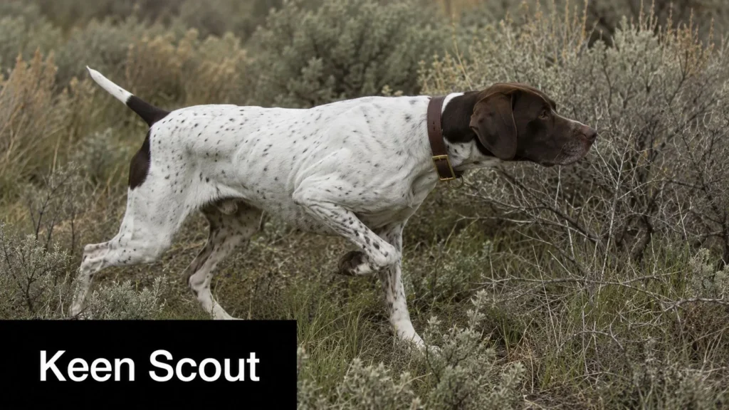 Speckled English Pointer holding a classic point stance in brushy scrubland, scouting for game.