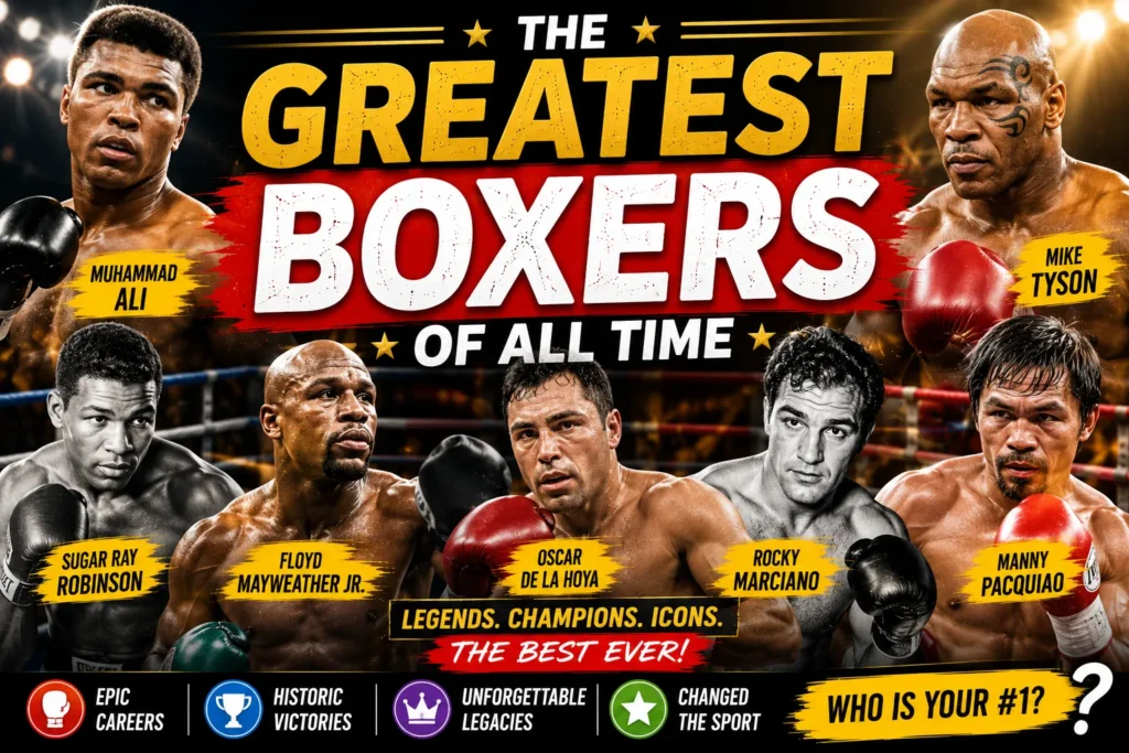 The Greatest Boxers of All Time: Definitive 2026 Ranking Greatest boxers of all time thumbnail featuring legendary boxing champions, gloves, ring lights, and bold sports graphics.