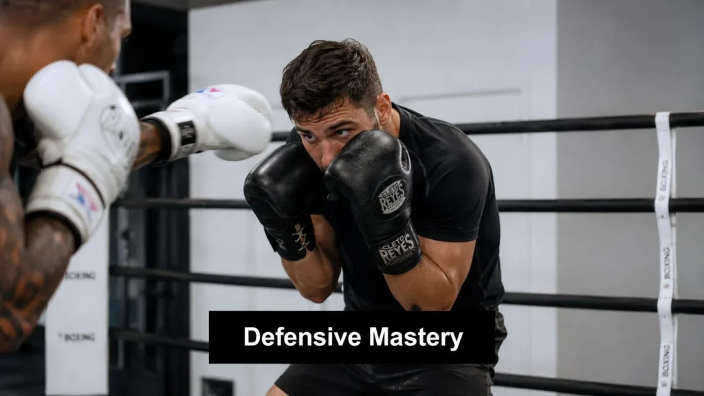 Boxer holding a tight guard block while sparring in the ring, demonstrating defensive technique.