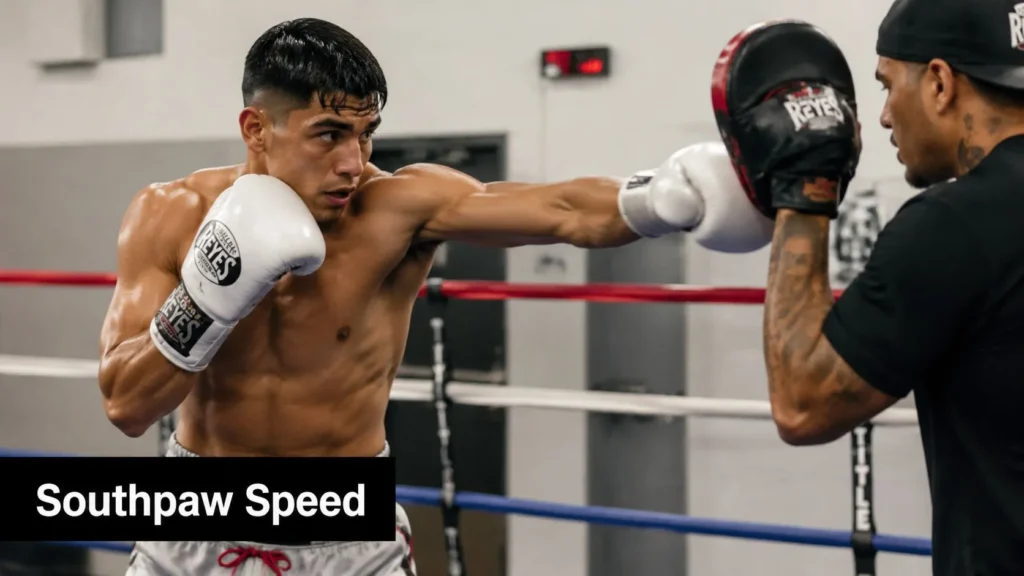 Boxer throwing a fast punch into a coach's focus mitt during ring training, showcasing southpaw speed.