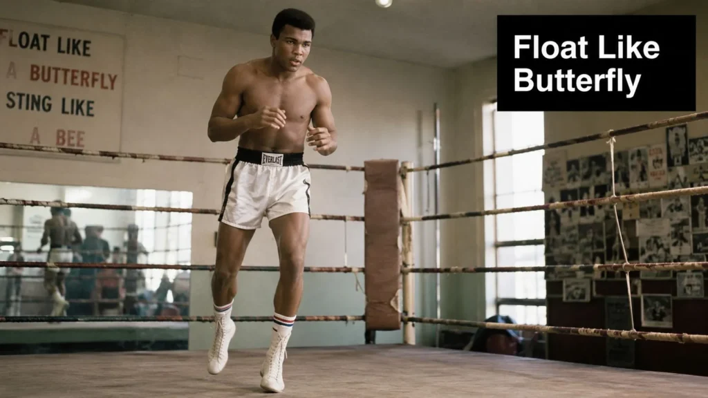 Boxer training in a ring, gym walls lined with his famous 'float like a butterfly, sting like a bee' quote.