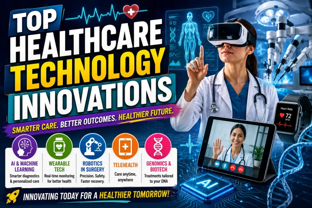 Top healthcare technology innovations thumbnail featuring AI, robotic surgery, telehealth, wearables, and futuristic medical tech.