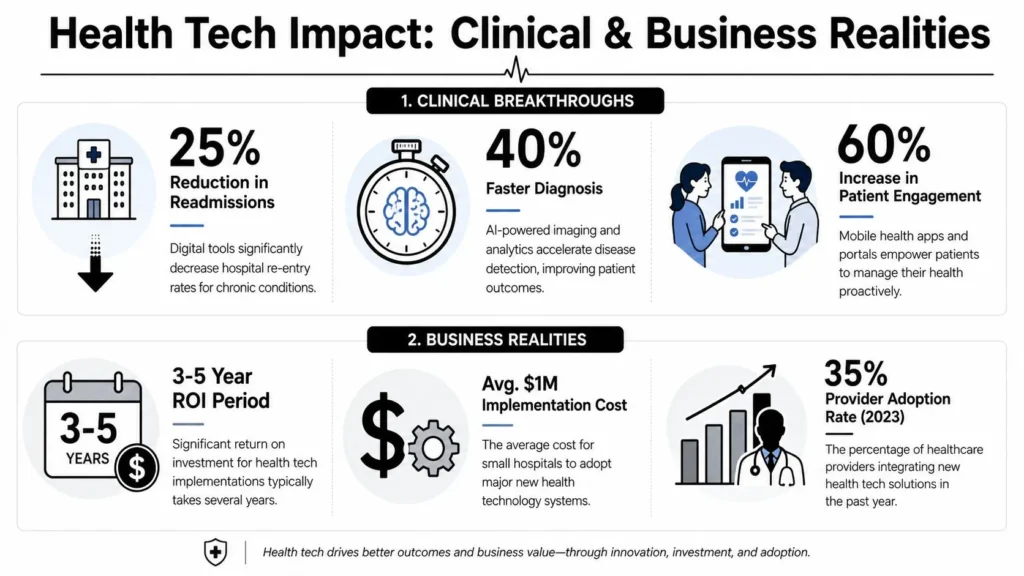 Top Healthcare Technology Innovations 2026 Infographic on health tech impact: clinical stats (readmissions, diagnosis, engagement) and business stats (ROI, cost, adoption).