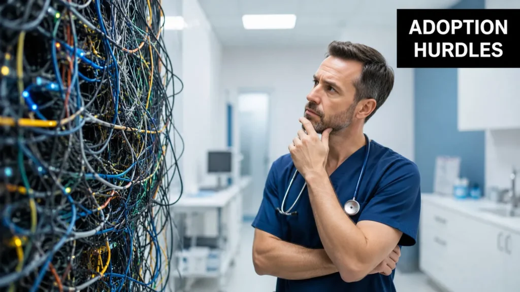 Top Healthcare Technology Innovations 2026 Doctor in scrubs pensively studying a tangled mass of wires, symbolizing health tech adoption hurdles.