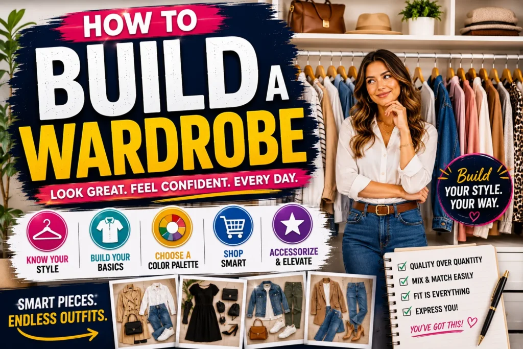 How to Build a Wardrobe: A Practical 2026 Guide How to build a wardrobe thumbnail with a stylish woman, organized clothing, outfit essentials, and colorful fashion graphics.