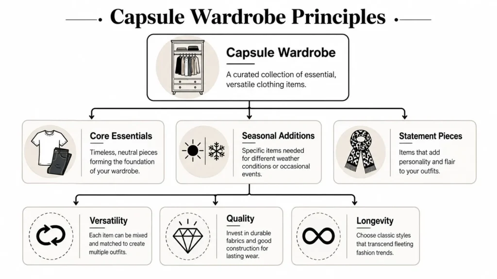 How to Build a Wardrobe: A Practical 2026 Guide Diagram of capsule wardrobe principles: core essentials, seasonal additions, statement pieces, versatility, quality, longevity.