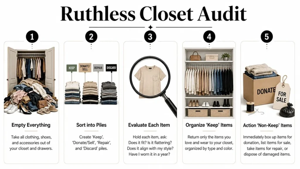 How to Build a Wardrobe: A Practical 2026 Guide Infographic: 5-step ruthless closet audit — empty, sort into piles, evaluate, organize, action non-keep items.