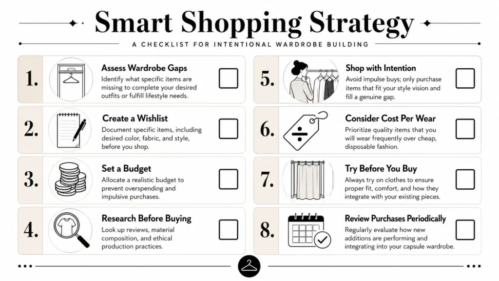 How to Build a Wardrobe: A Practical 2026 Guide Checklist infographic: 8-step smart shopping strategy for intentional wardrobe building, from assessing gaps to reviewing purchases.