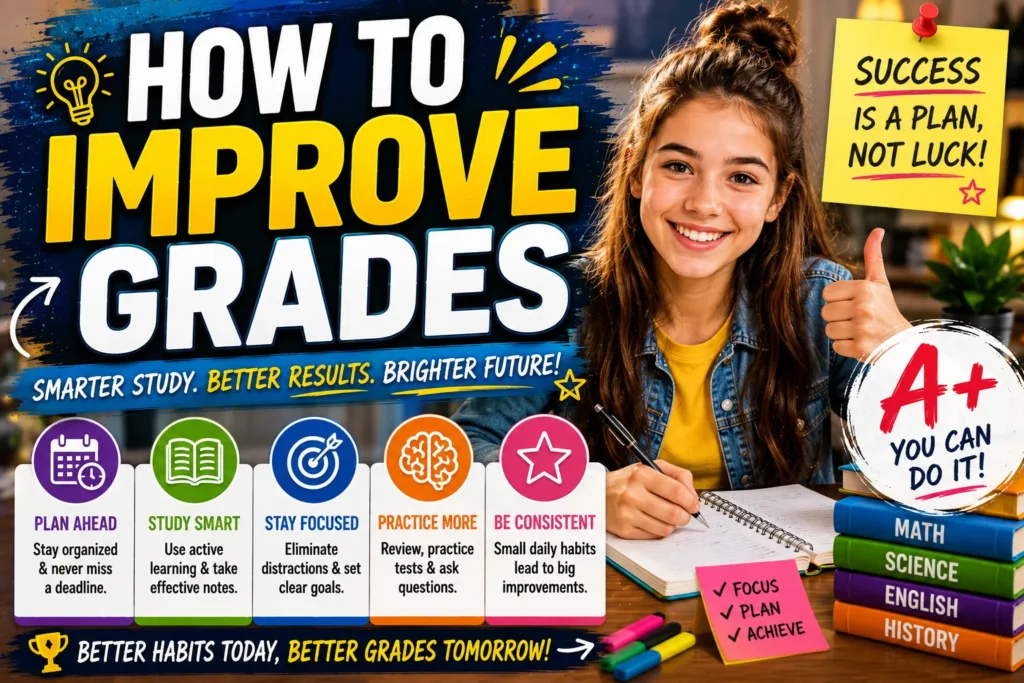 How to improve grades thumbnail with a student studying, A+ graphic, books, and colorful tips for better academic success.