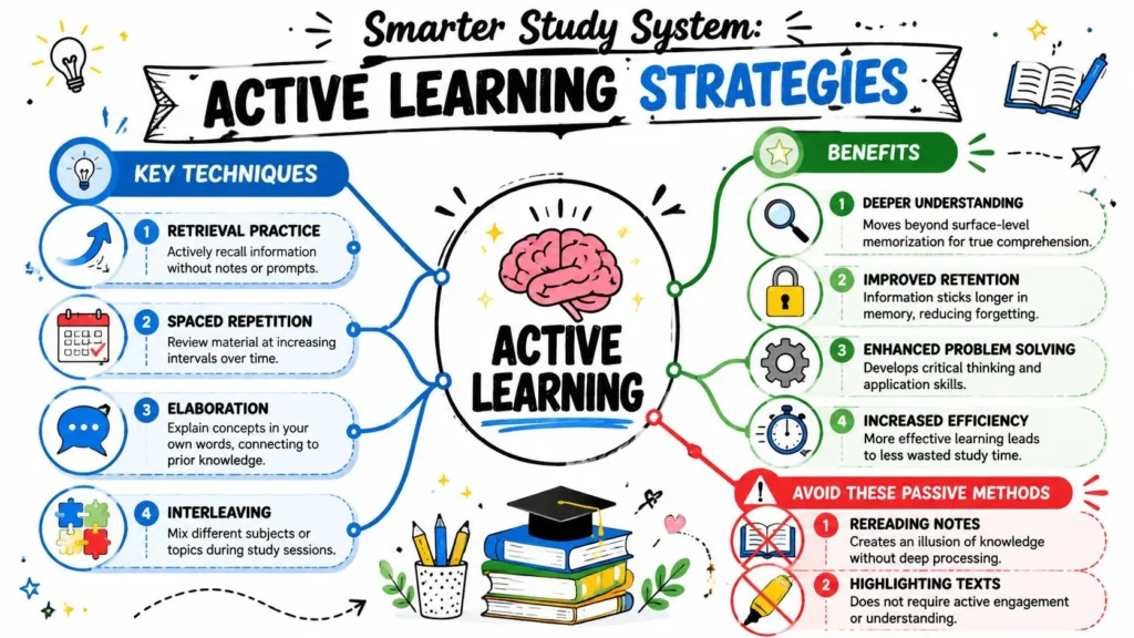 Infographic on active learning strategies: retrieval practice, spaced repetition, elaboration, interleaving, and benefits.