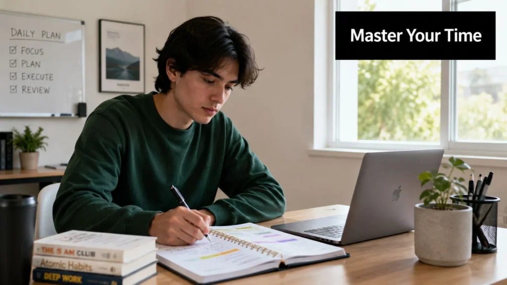 Young man writing in a planner at a desk with a laptop and productivity books like Atomic Habits.