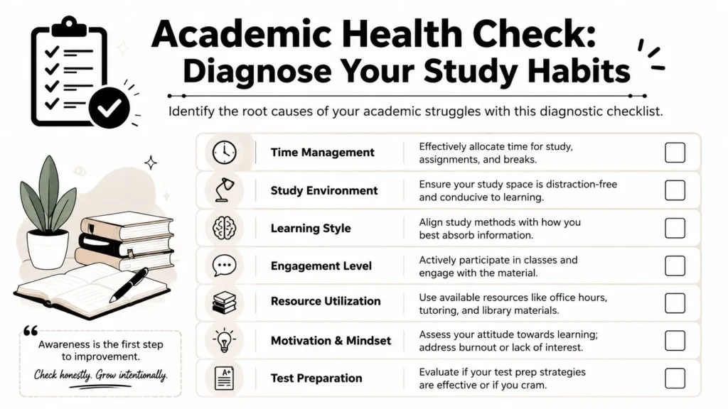 Checklist infographic diagnosing study habits across 7 areas: time management, environment, learning style, and more.