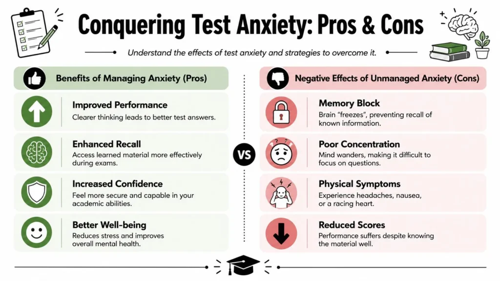 Infographic comparing pros of managing test anxiety versus cons of unmanaged anxiety, like memory block and reduced scores.