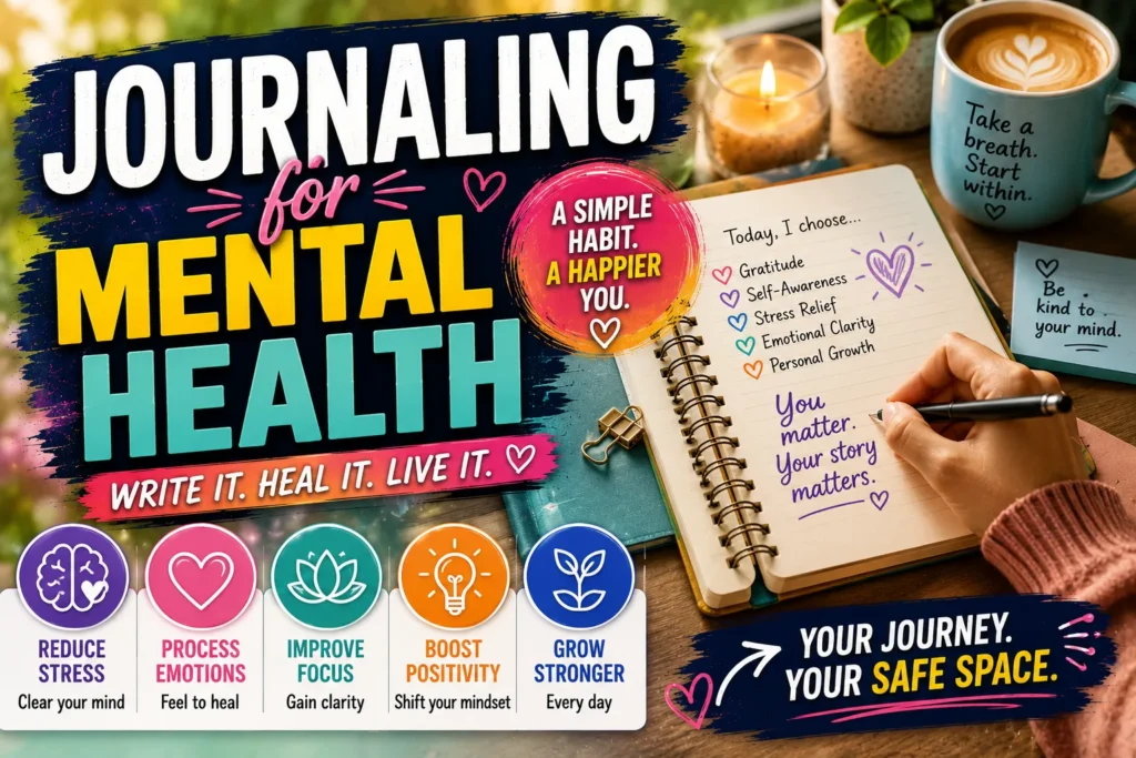 Journaling for Mental Health: A Starter Guide Journaling for mental health thumbnail with notebook, positive prompts, coffee, and colorful self-care and wellness graphics.