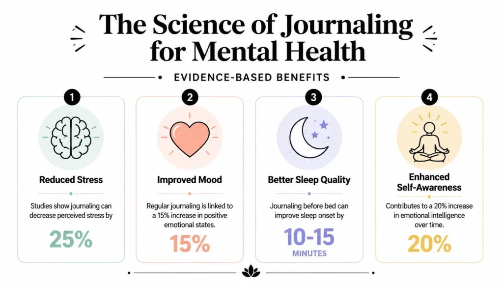 Infographic on journaling's mental health benefits: 25% less stress, 15% mood boost, better sleep, 20% self-awareness.