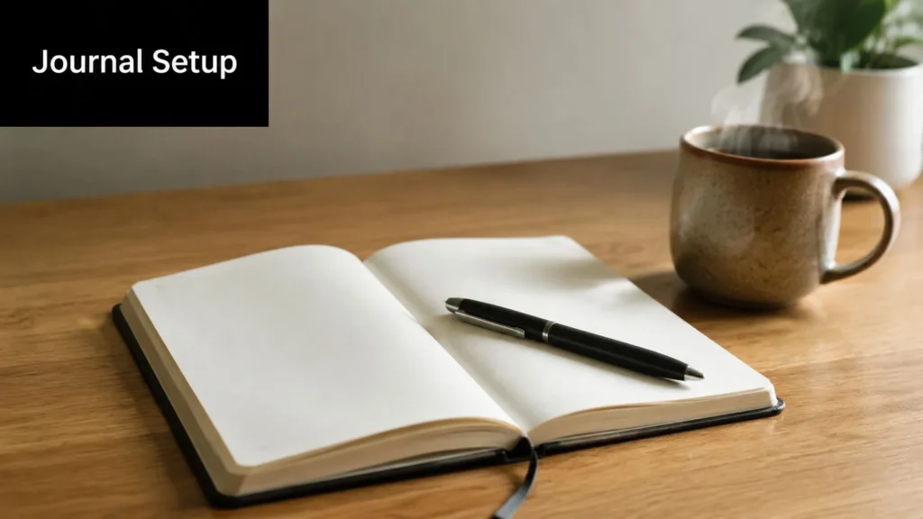 Open blank journal with pen beside a steaming coffee mug on a wooden desk.
