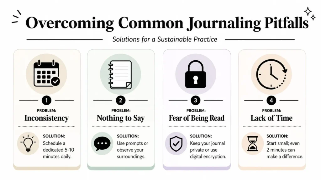 Infographic: 4 common journaling pitfalls and solutions — inconsistency, nothing to say, fear of being read, lack of time.