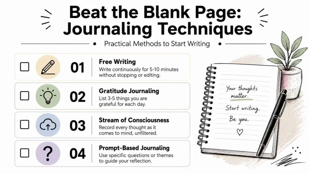 Infographic listing 4 journaling techniques: free writing, gratitude, stream of consciousness, prompt-based.