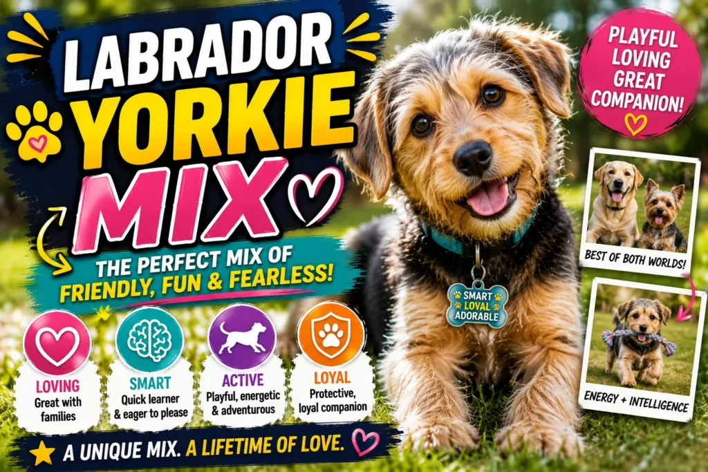 Labrador Yorkie mix thumbnail featuring a playful mixed-breed puppy with colorful graphics highlighting its smart and loyal traits.