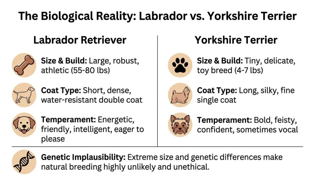 Labrador Yorkie Mix: The Surprising Truth Explained Comparison chart of Labrador Retriever vs Yorkshire Terrier: size, coat, temperament, and breeding implausibility.