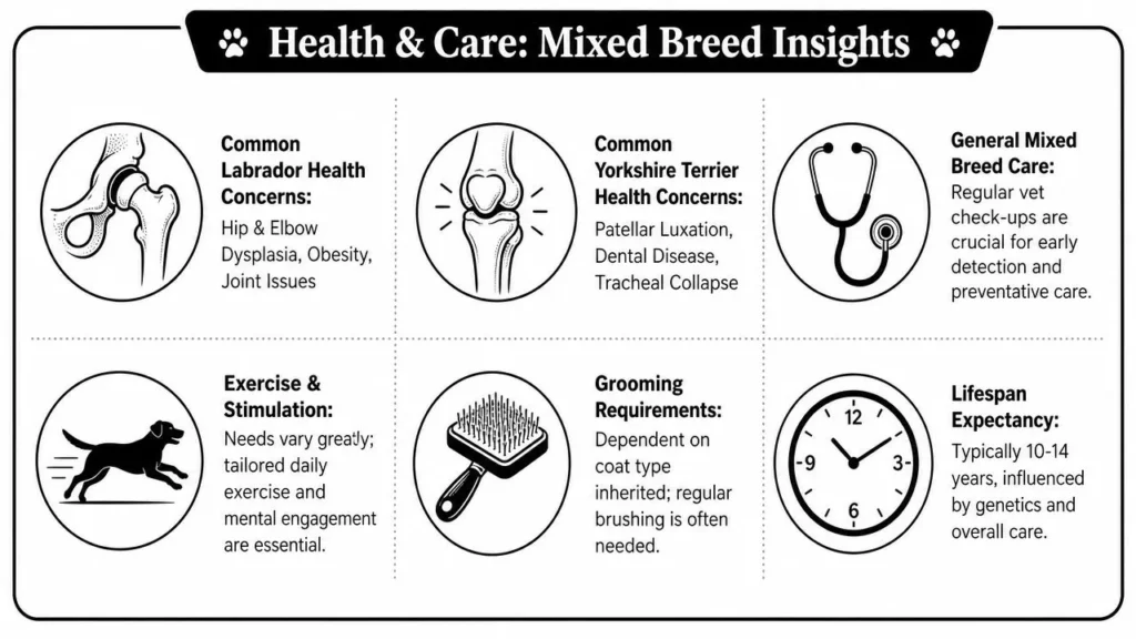 Labrador Yorkie Mix: The Surprising Truth Explained Infographic on mixed breed health and care: Labrador and Yorkshire concerns, vet care, exercise, grooming, lifespan.