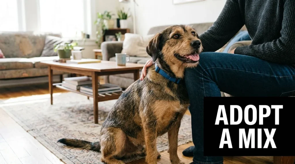 Labrador Yorkie Mix: The Surprising Truth Explained Happy mixed-breed dog leaning against owner's leg in a cozy living room, promoting shelter adoption.