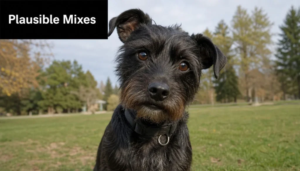 Labrador Yorkie Mix: The Surprising Truth Explained Small black wiry-coated terrier mix with perked ears standing in a grassy park.