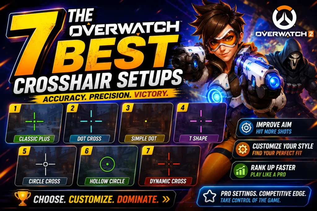 Seven best Overwatch crosshair setups thumbnail featuring colorful reticle styles, gaming characters, and competitive aiming tips.