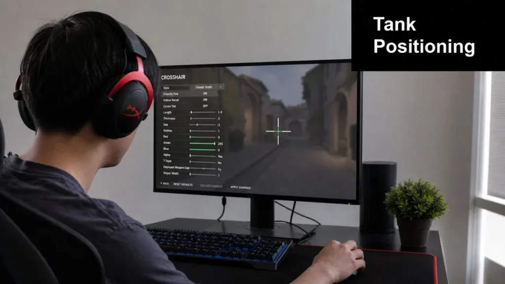 Gamer with headphones adjusting crosshair settings in an FPS game at a desktop setup.