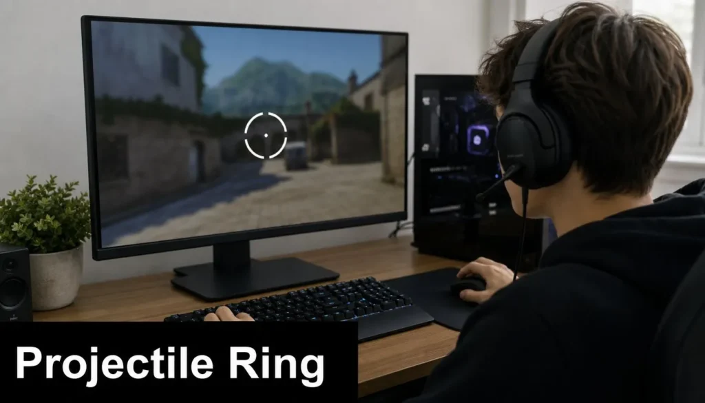 Gamer wearing a headset playing a first-person shooter at a PC gaming desk with crosshair on screen.